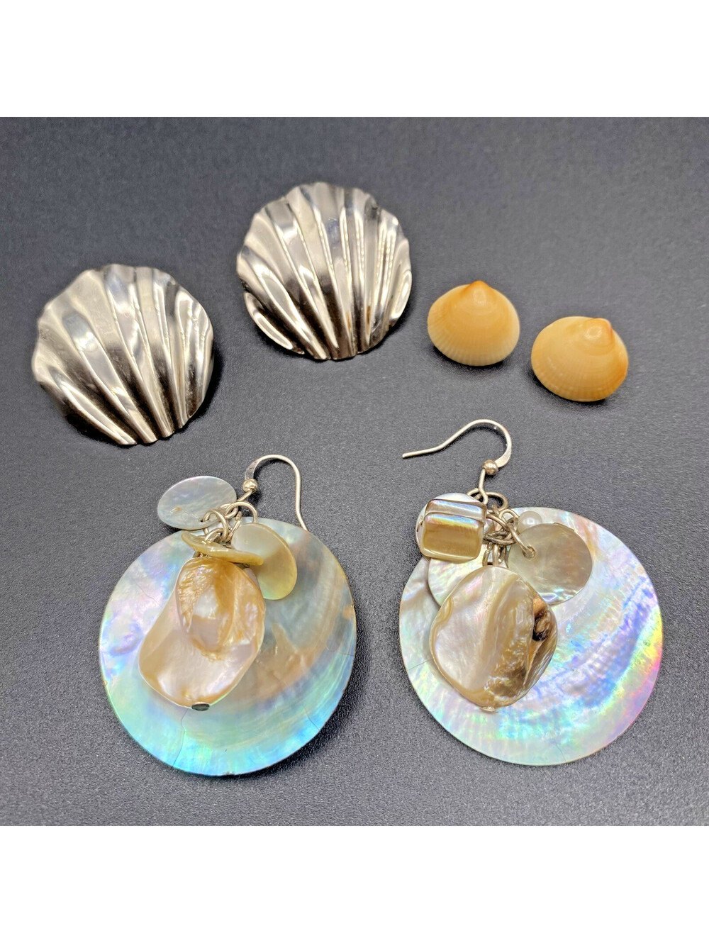 LOT of 3 Beach Earrings Shells MOP Silver-Tone Dangling Post + FREE Faux Pearls